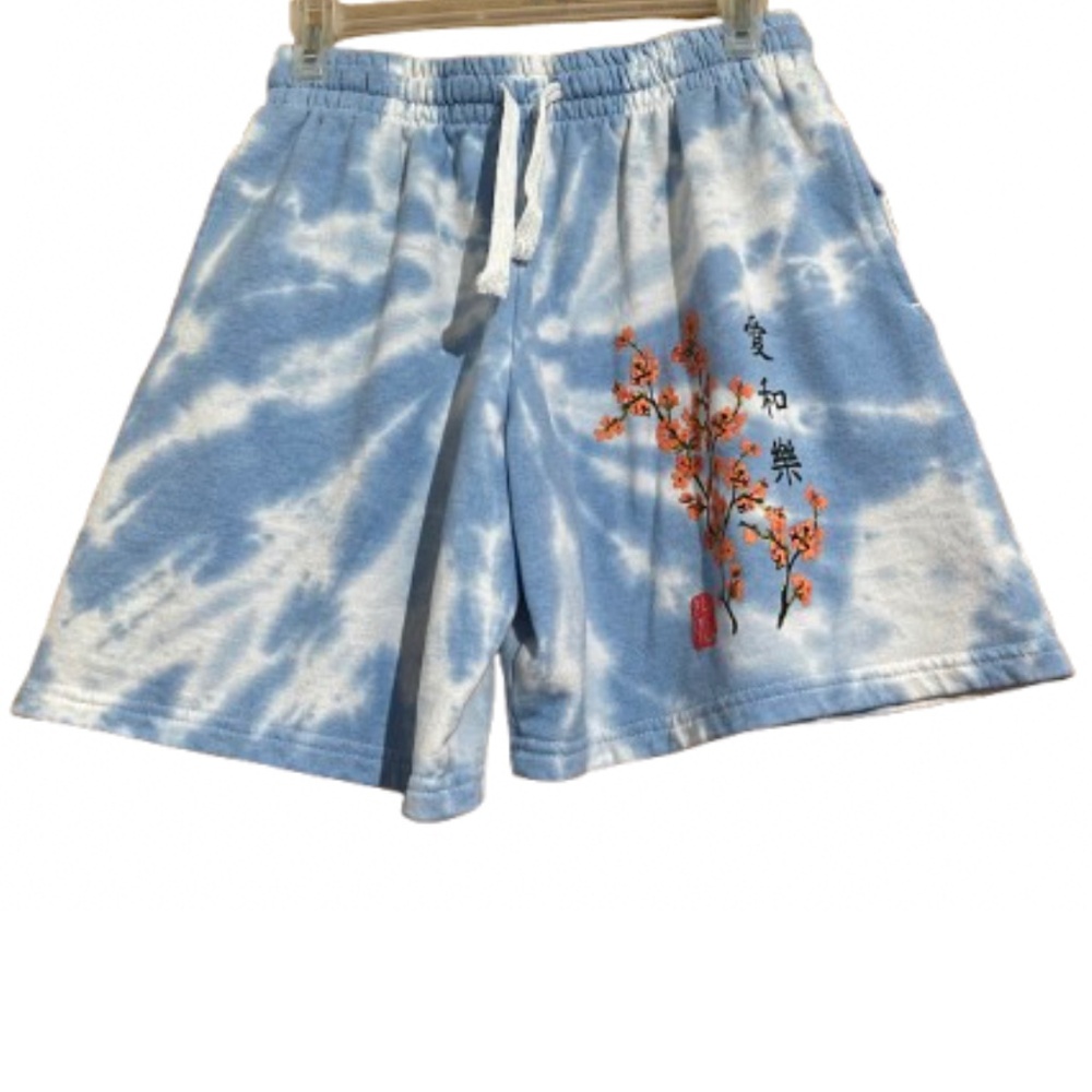 Bowery Supply Women’s Blue Multi Tie Dye with Cherry Blossom Print Shorts Sz-S